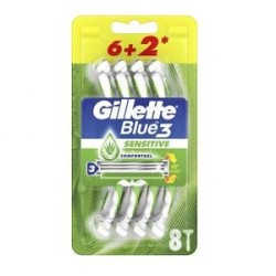 Gillette Blue3 Sensitive Disposable Razors With Comfort Gel 6 Pcs + 2 Pcs Free