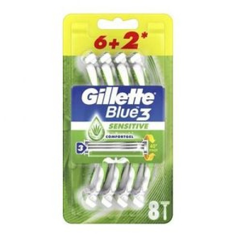 Gillette Blue3 Sensitive Disposable Razors With Comfort Gel 6 Pcs + 2 Pcs Free